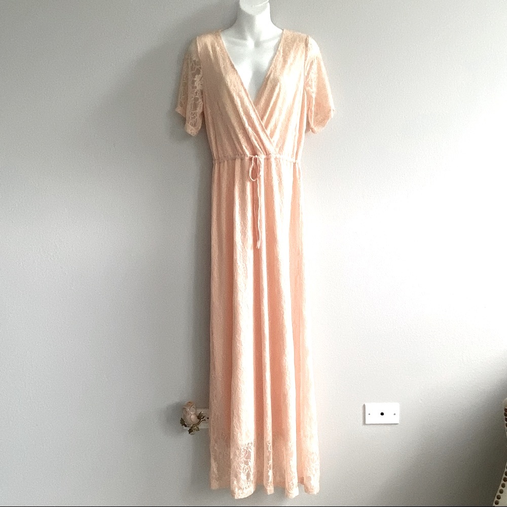 Vintage Lace Peach Long Dress Short Sleeve Sunset Hues Cream Pink
